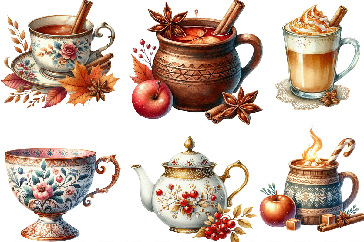Watercolor Autumn Tea Party Clipart, an Illustration by Designking (Photo 2 of 4)