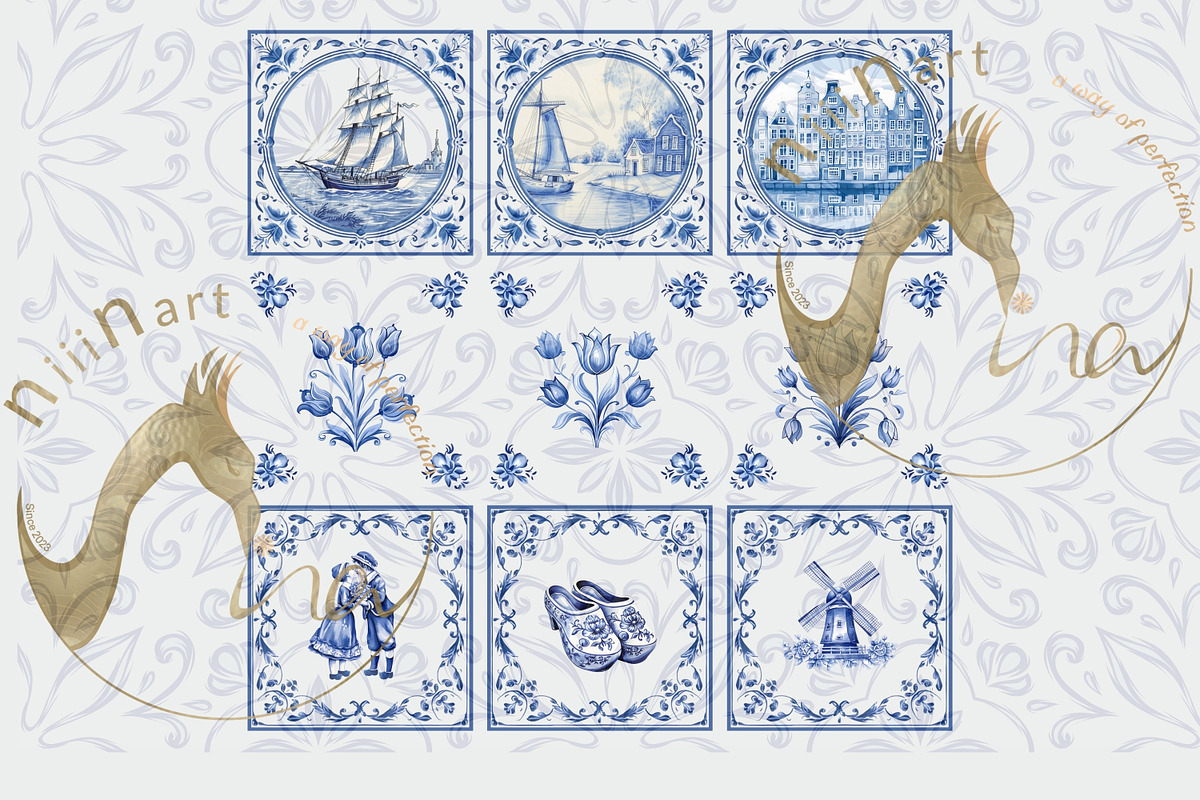 Traditional Dutch Blue Tiles Bundle, an Illustration by NiiiNArt