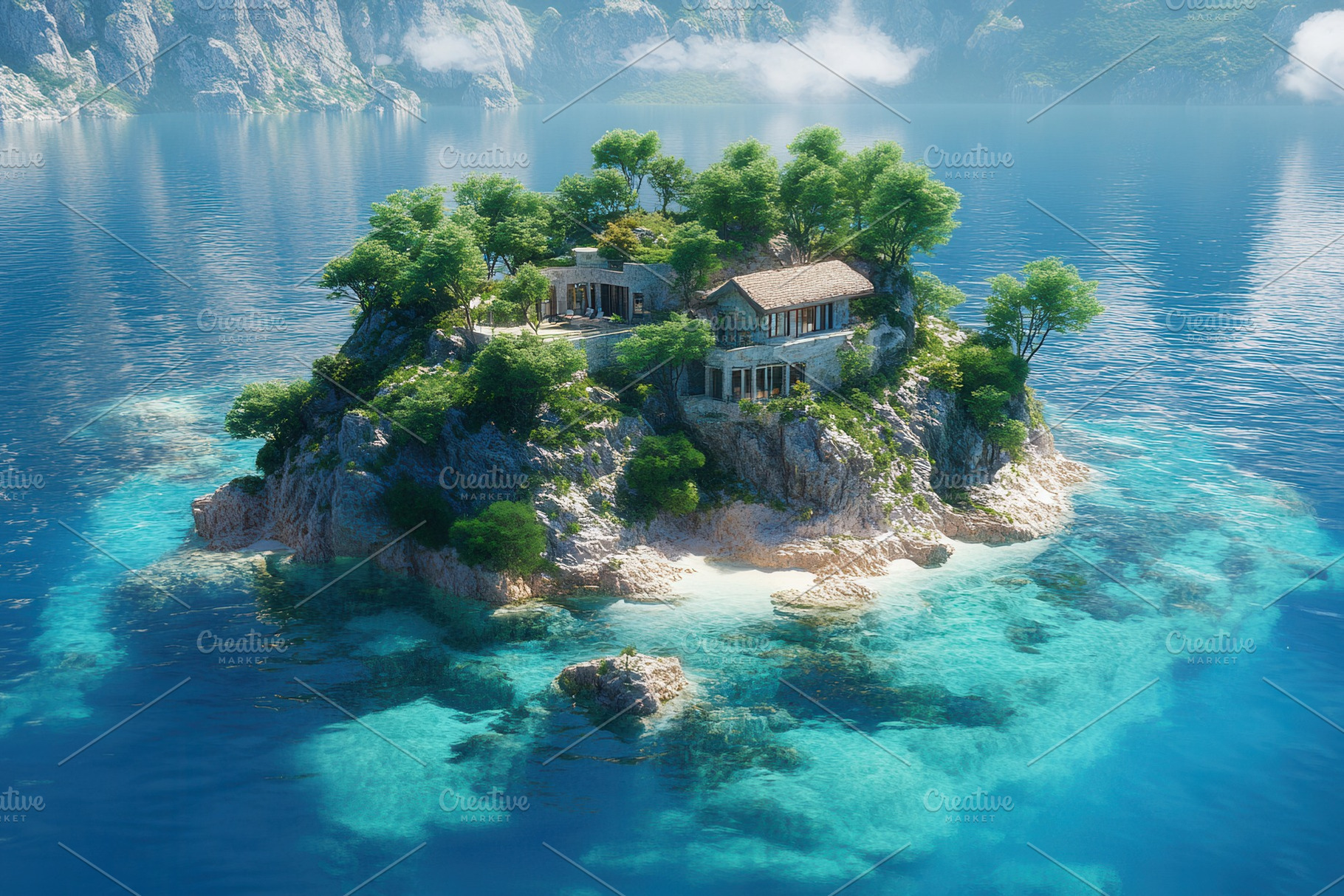 Majestic tropical island with lush v, a Photo by Tanuart