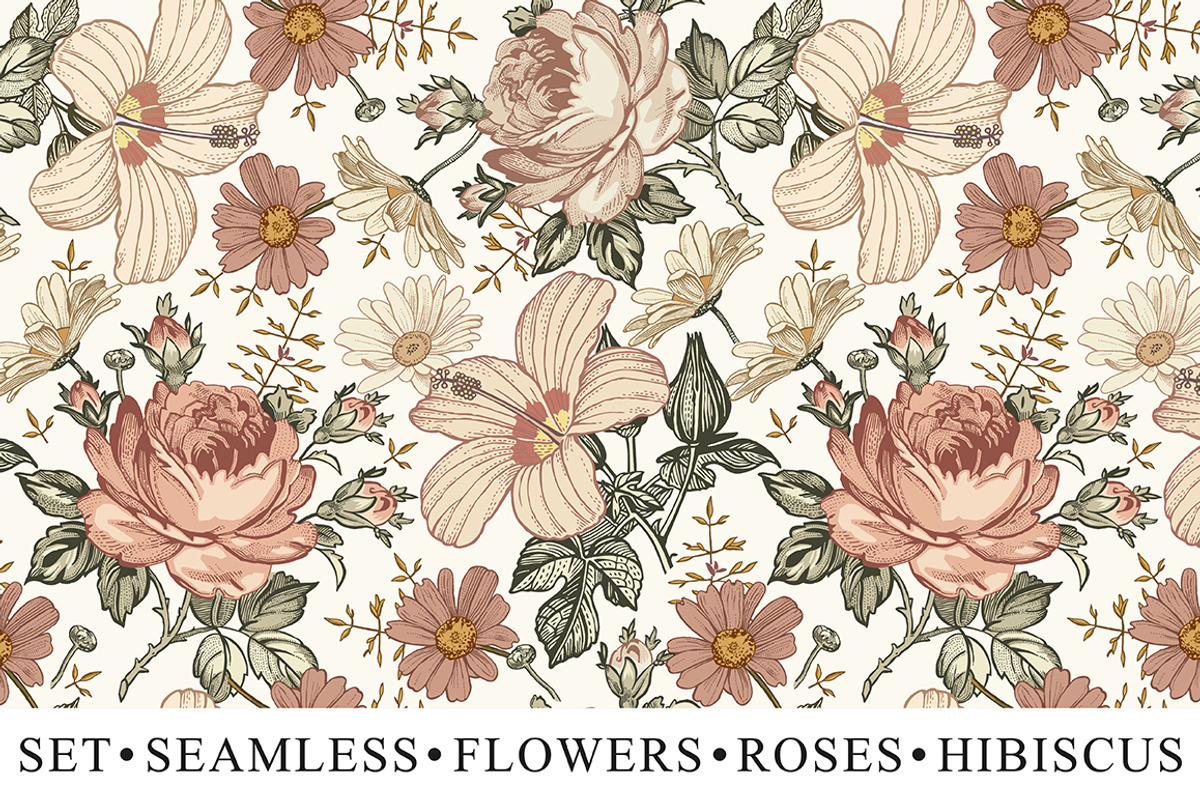 Set Seamless Flowers Roses Hibiscus, a Pattern Graphic by Vintage (Photo 1 of 13)