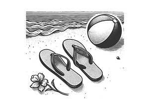 Flip flops and beach ball on summer, an Illustration by AlexArt