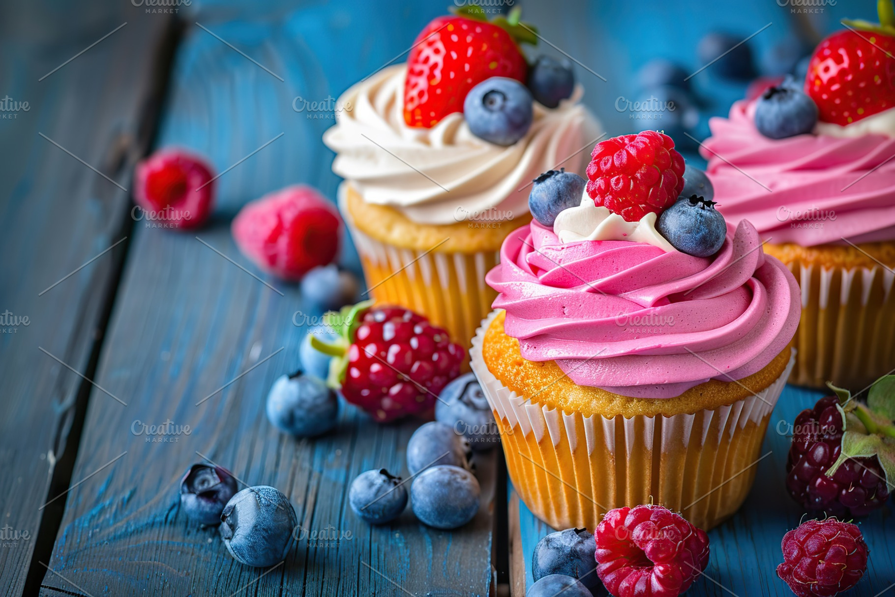 Tasty cupcakes with butter cream and ripe berries on blue wooden table, a Food & Drink Photo by AlyaAnd
