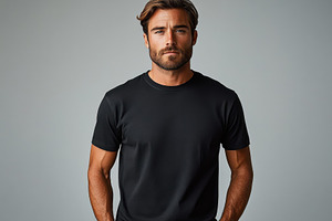 Confident man poses in a black t-shi, a Photo by Tanuart