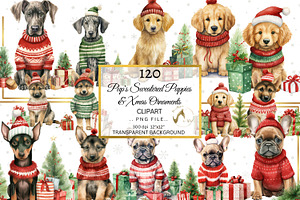 120 Watercolor Christmas Dog Clipart