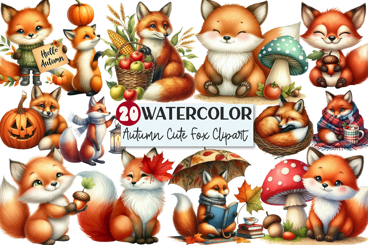 Watercolor Autumn Fox Clipart, an Illustration by Rose Art (Photo 1 of 8)