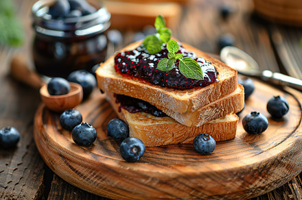 Toast breads with sweet blueberry jam on wooden table, a Food & Drink Photo by AlyaAnd