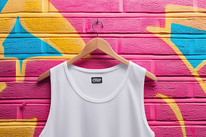 A plain white tank top mockup hanging on a wooden hanger against a vibrant pink