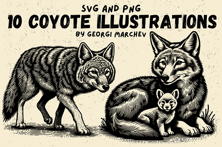 Retro Coyote Drawings Bundle SVG PNG, an Animal Illustration by Ray Crimson