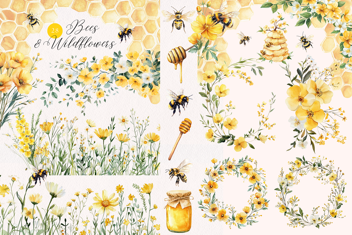 Bees and Wildflowers Clipart, a Decorative Illustration by ClipArtCharm (Photo 3 of 3)