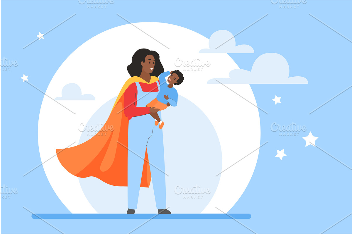 Happy mother superhero wearing cape, a Person Illustration by Lemberg Vector