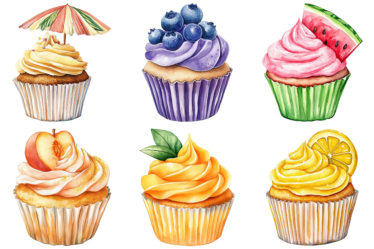 Watercolor Summer Cupcake Clipart, an Illustration by Craft Nest (Photo 5 of 6)