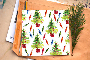 Watercolor Christmas Pattern, Tree