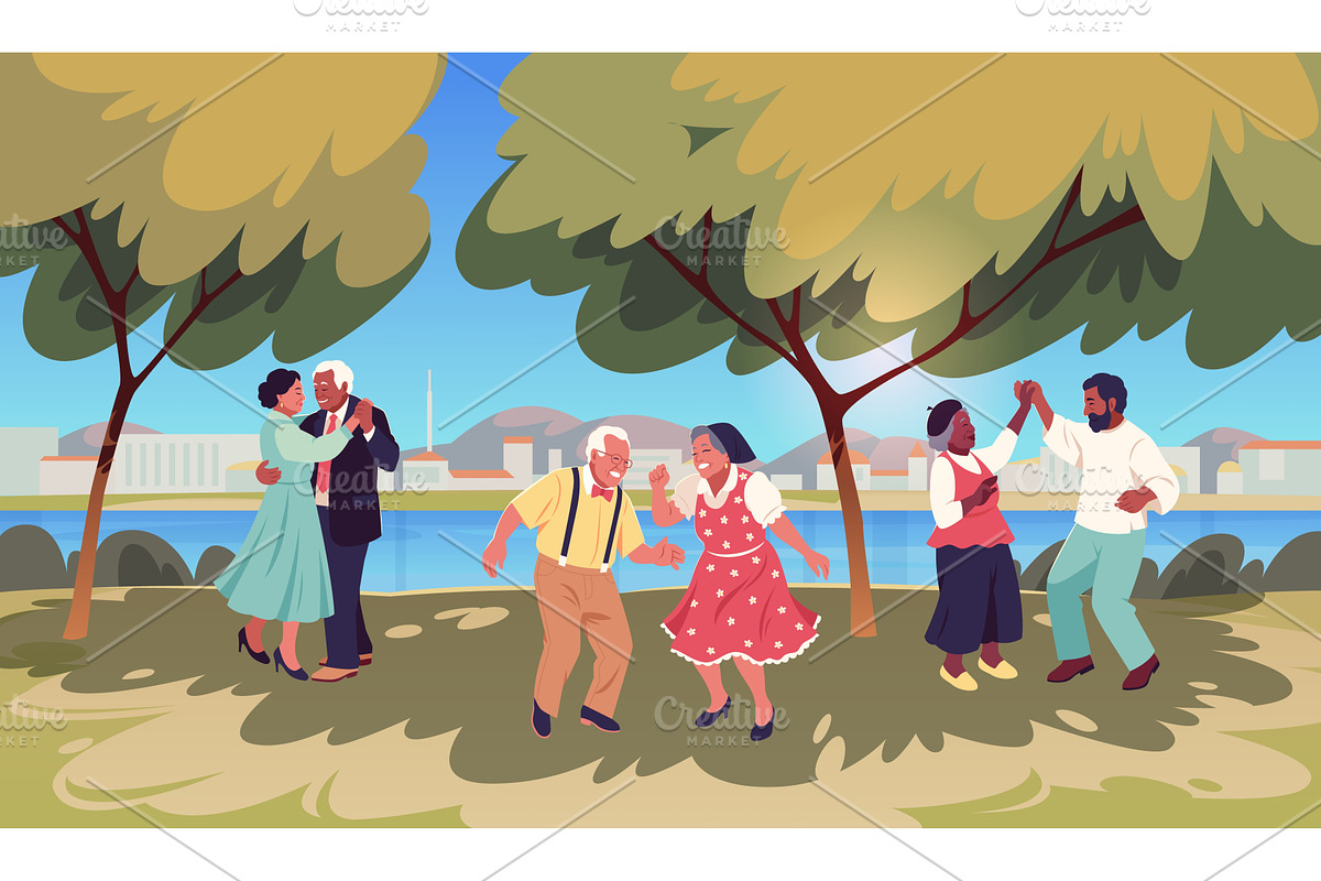 Old people dance in park. Outdoor, a Sport Illustration by YummyBuum