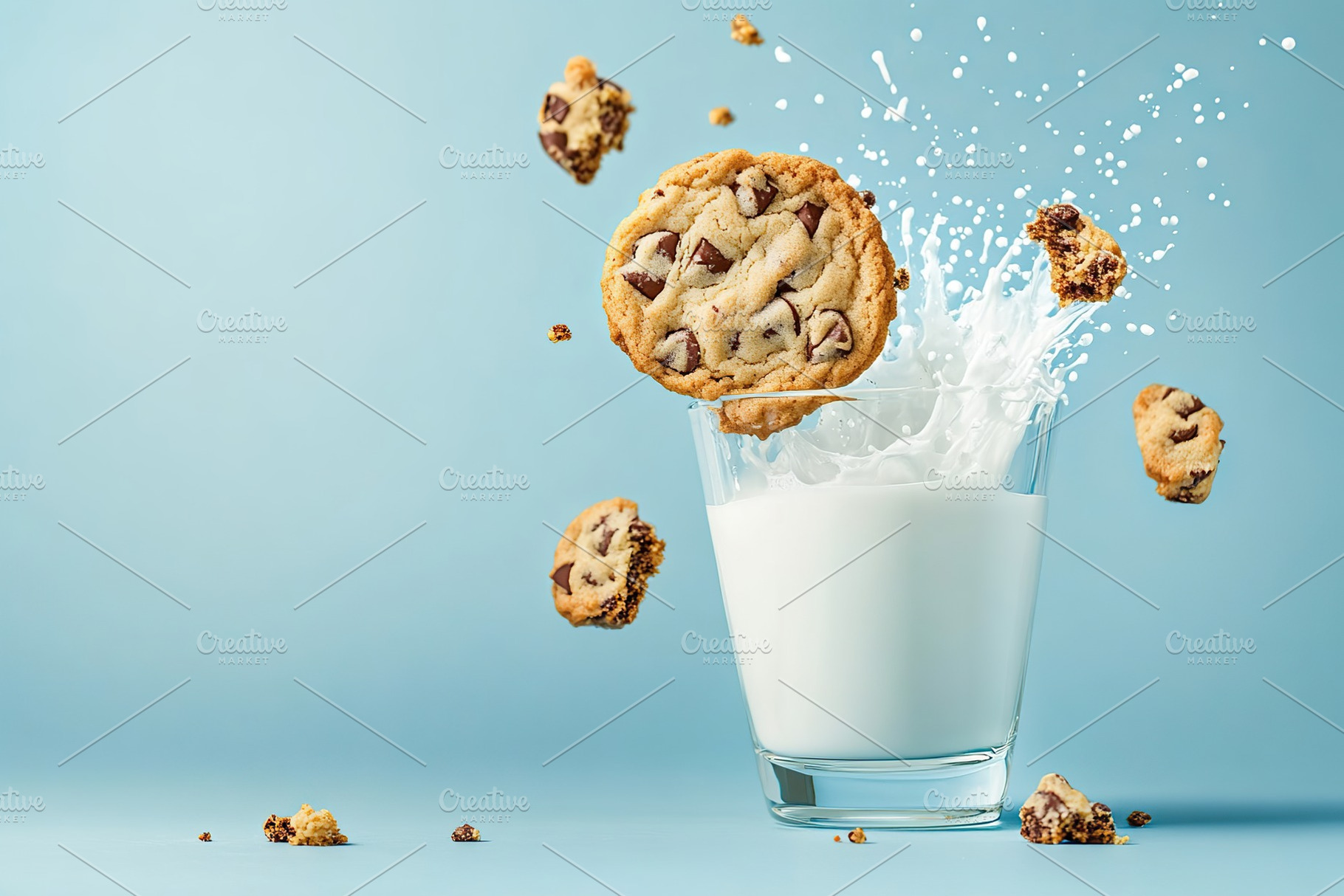 Chocolate cookie falling into glass with white milk, a Food & Drink Photo by AlyaAnd