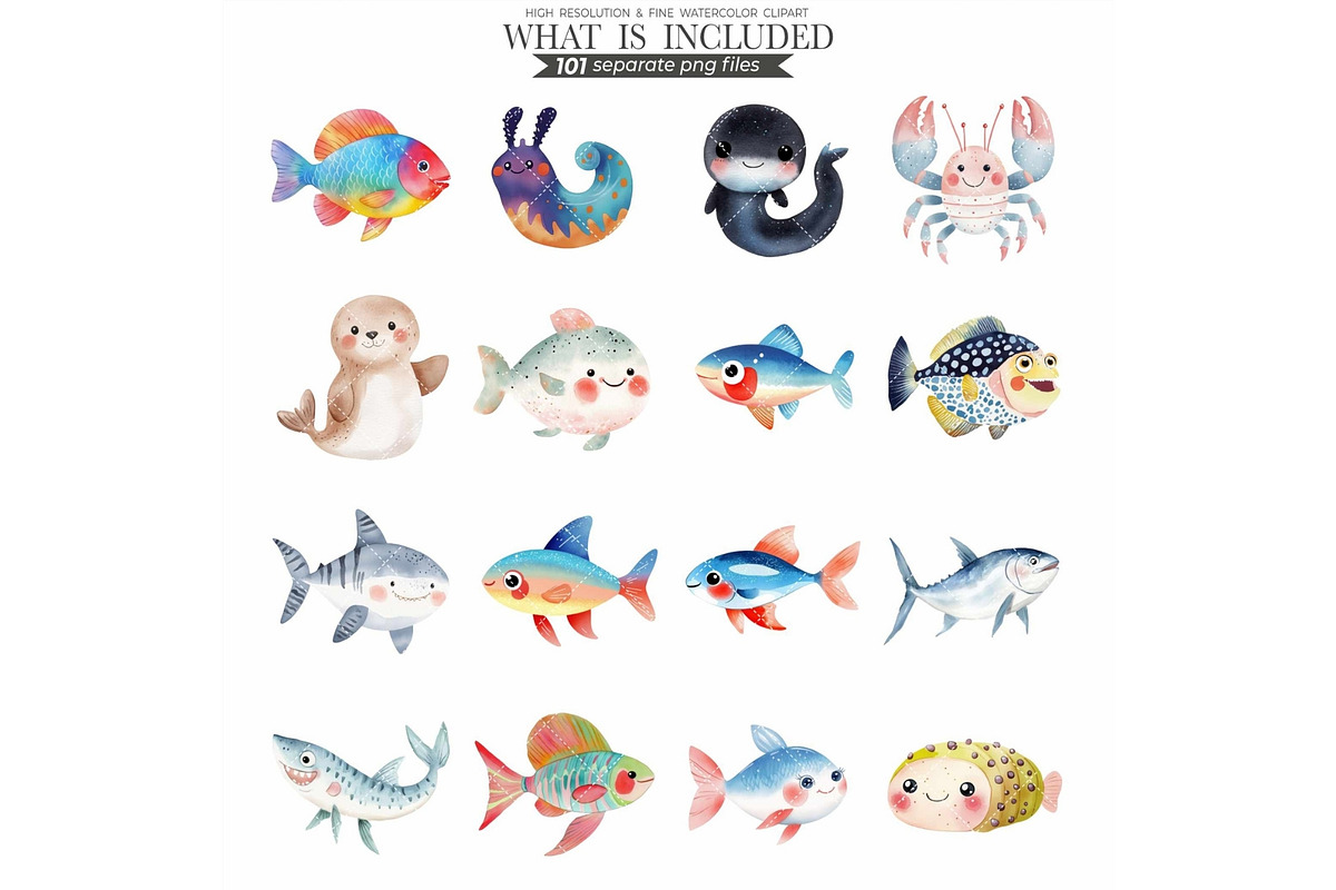 Cute Sea Animals Watercolor Clipart, an Animal Illustration by CharmClipart (Photo 8 of 9)
