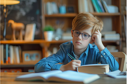 Boy is doing homework in living room, a School & Education Photo by Lermont51