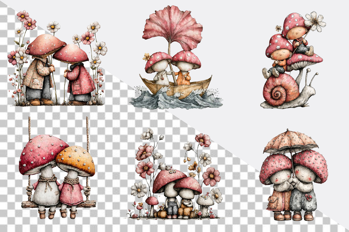 Whimsical Mushroom Couple Clipart Bu, an Illustration by SVGArt (Photo 3 of 8)