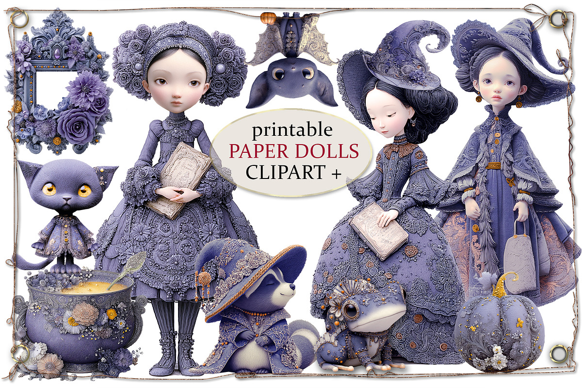 Cute Purple Witch Dolls Clipart, an Object Graphic by Area (Photo 1 of 10)