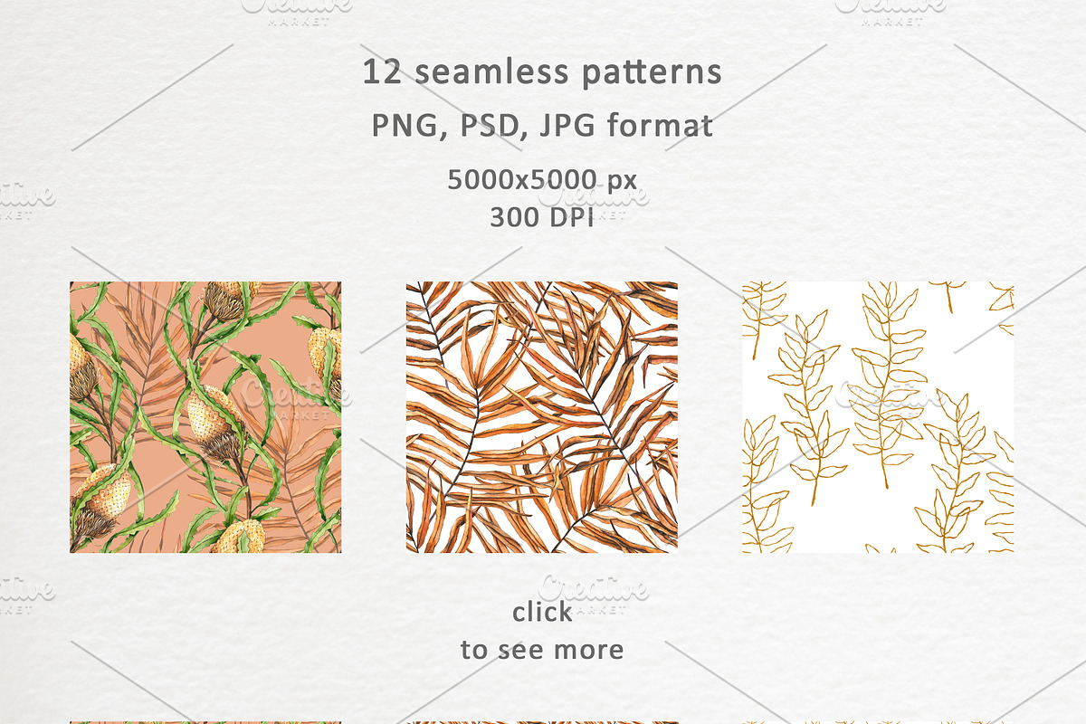Banksia & palm leaves. Watercolor, a Pattern Graphic by Ola_Vola (Photo 3 of 7)