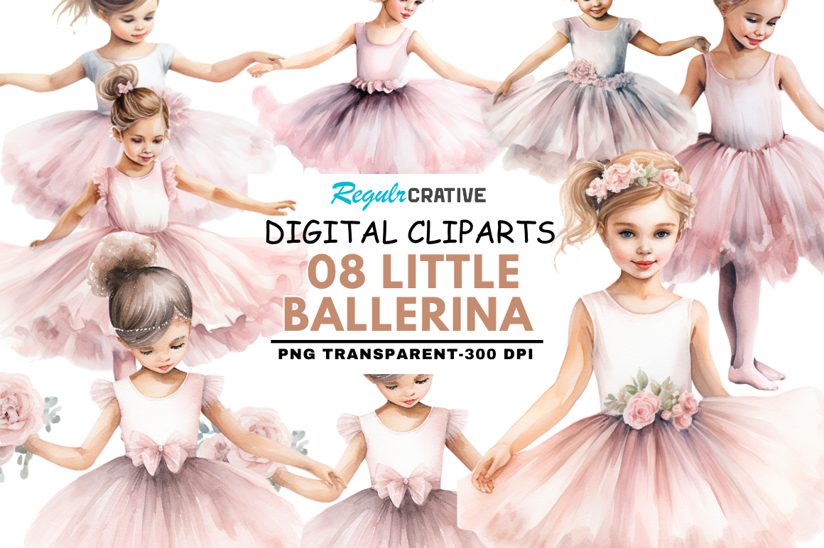 Little Ballerina Watercolor Clipart, an Object Graphic by Regulrcrative
