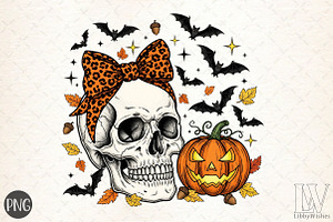 Halloween, Skull With Bow, Pumpkin P, an Illustration by Libby Wishes