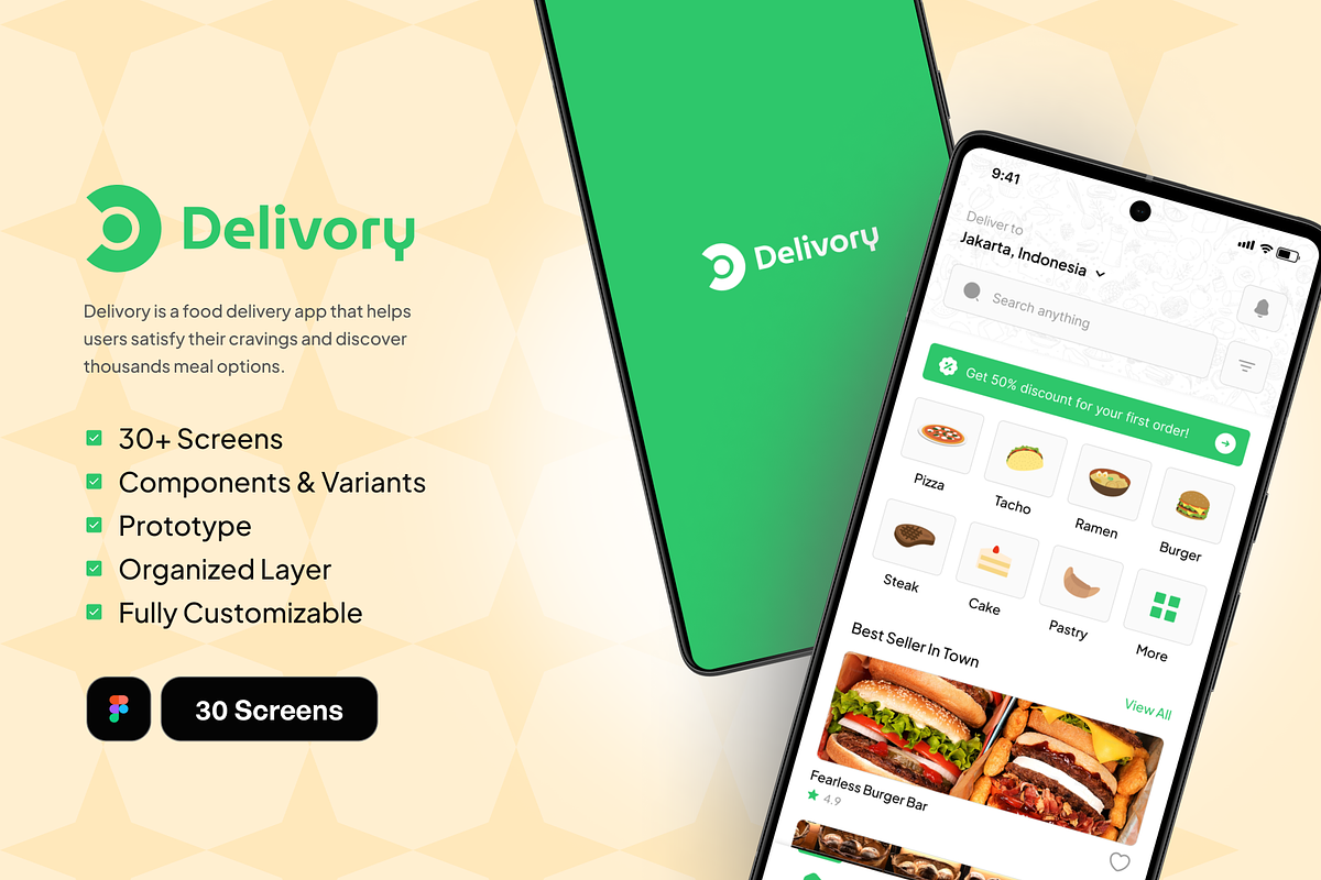 Delivory - Food Delivery App UI Kit, an UI Kit Template by restiyathena (Photo 1 of 6)