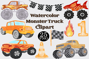 Watercolor Monster Truck Clipart Set, a Transportation Illustration by CropUp Creative