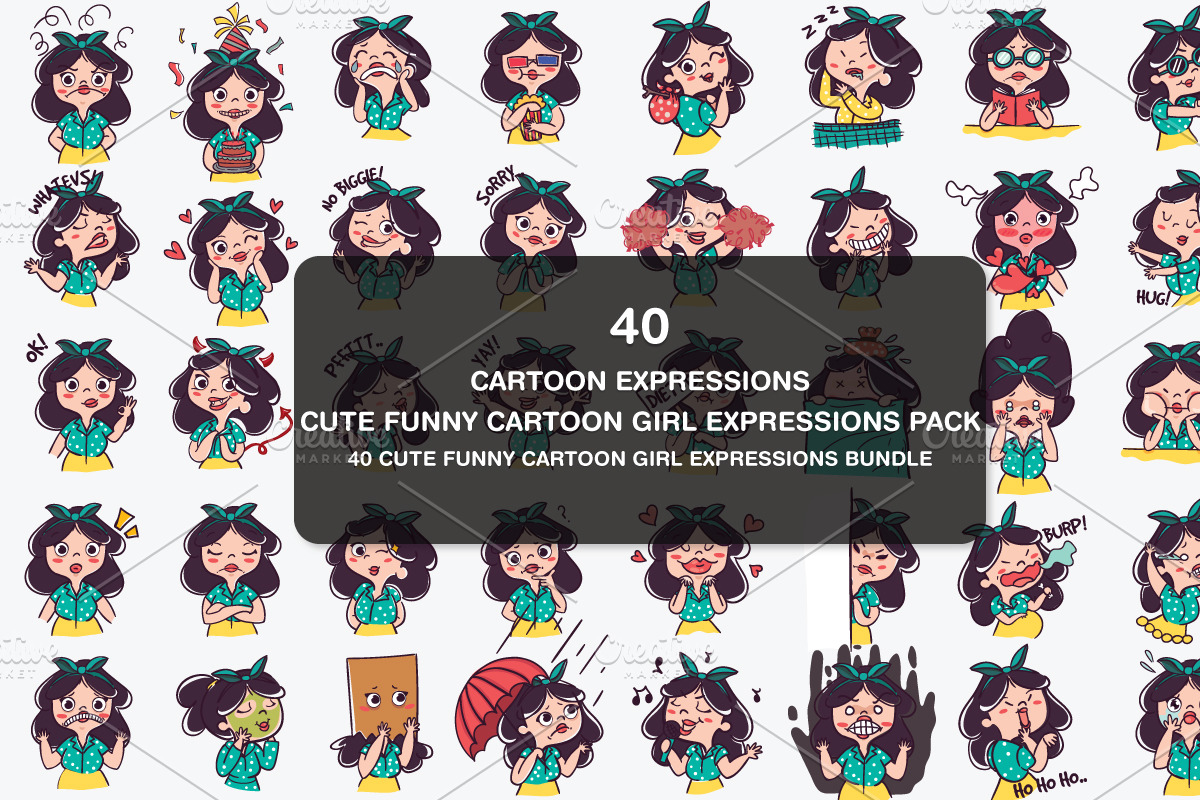 Cute Cartoon Girl Expressions Pack, an Education Illustration by naem021 (Photo 1 of 5)