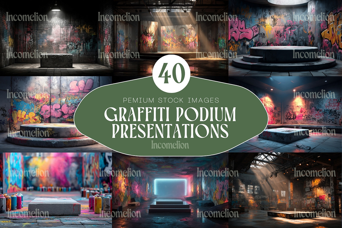 40 Graffiti Podium Mockups, a Background Graphic by Incomelion (Photo 1 of 9)