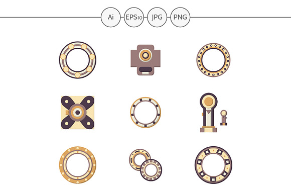 Mechanical Bearing Flat Icons. Set 1