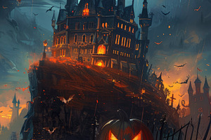 An eerie gothic castle atop a hill,, a Photo by LOGOCREATIVE