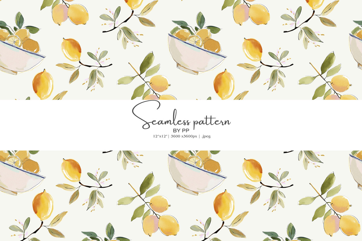 watercolor lemon seamless pattern, a Decorative Illustration by Pink Studio Art (Photo 1 of 5)