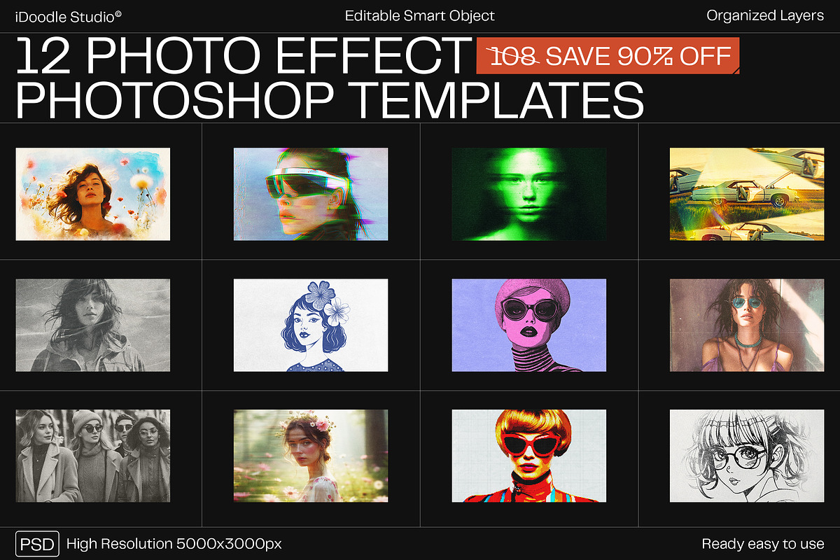 12 Photo Effect Templates, a Layer Style Add-On by iDoodle Studio