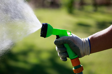 Gardener watering lawn with hose sprinkler, a Nature Photo by photoguns
