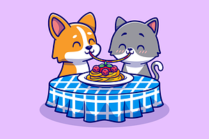 Cute Couple Cat And Corgi Dog Eating, an Animal Illustration by Catalyst Labs
