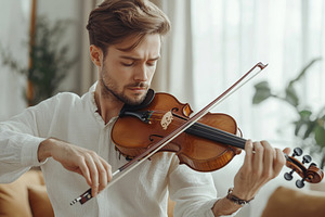 Handsome man musical artist playing violin at home, a Person Photo by AlyaAnd