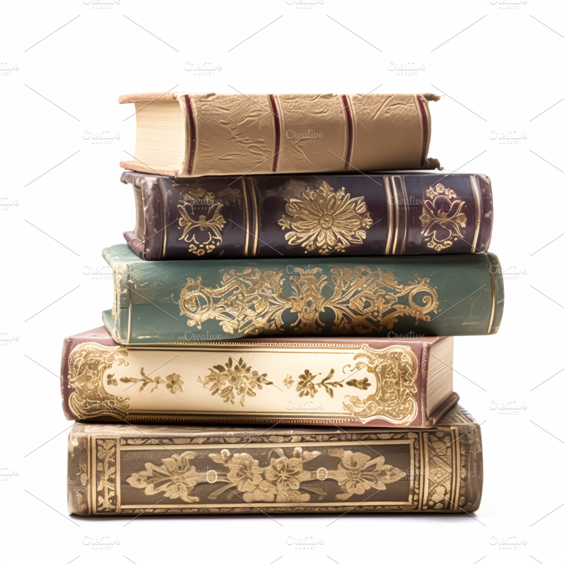 Stack of antique vintage old books isolated on white background,, a Photo by Studio ANNA