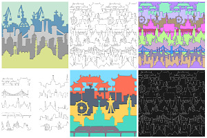 Skylines. Town. Doodle. 7 Patterns.