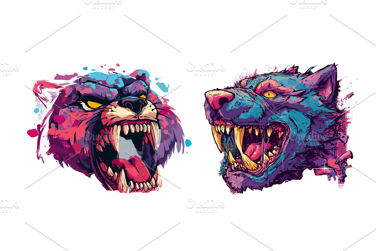 Two ferocious beasts cartoon set, an Animal Illustration by Onyx