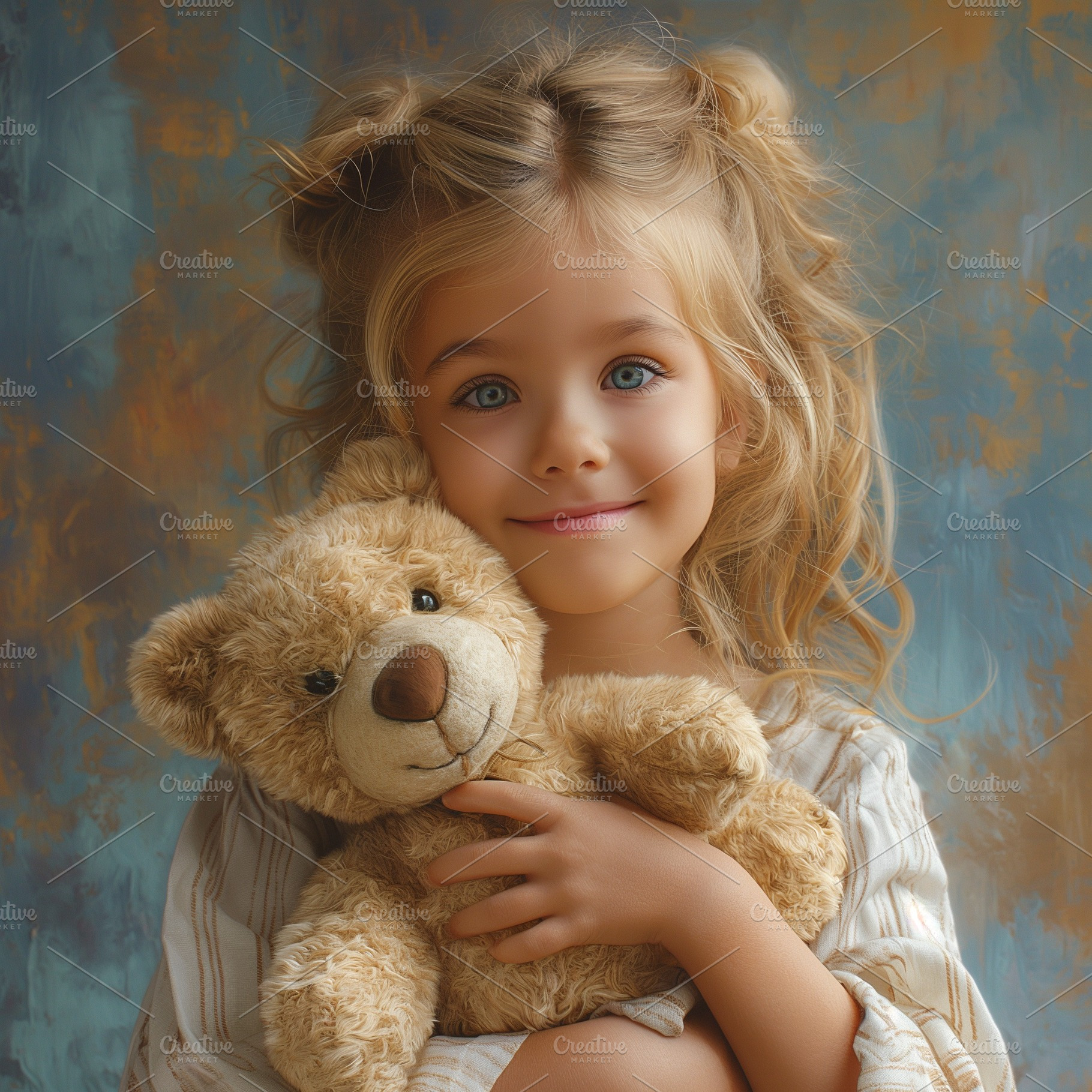 Adorable young girl with blonde hair, happily hugging a teddy bear against a te, a Person Photo by ImageMir