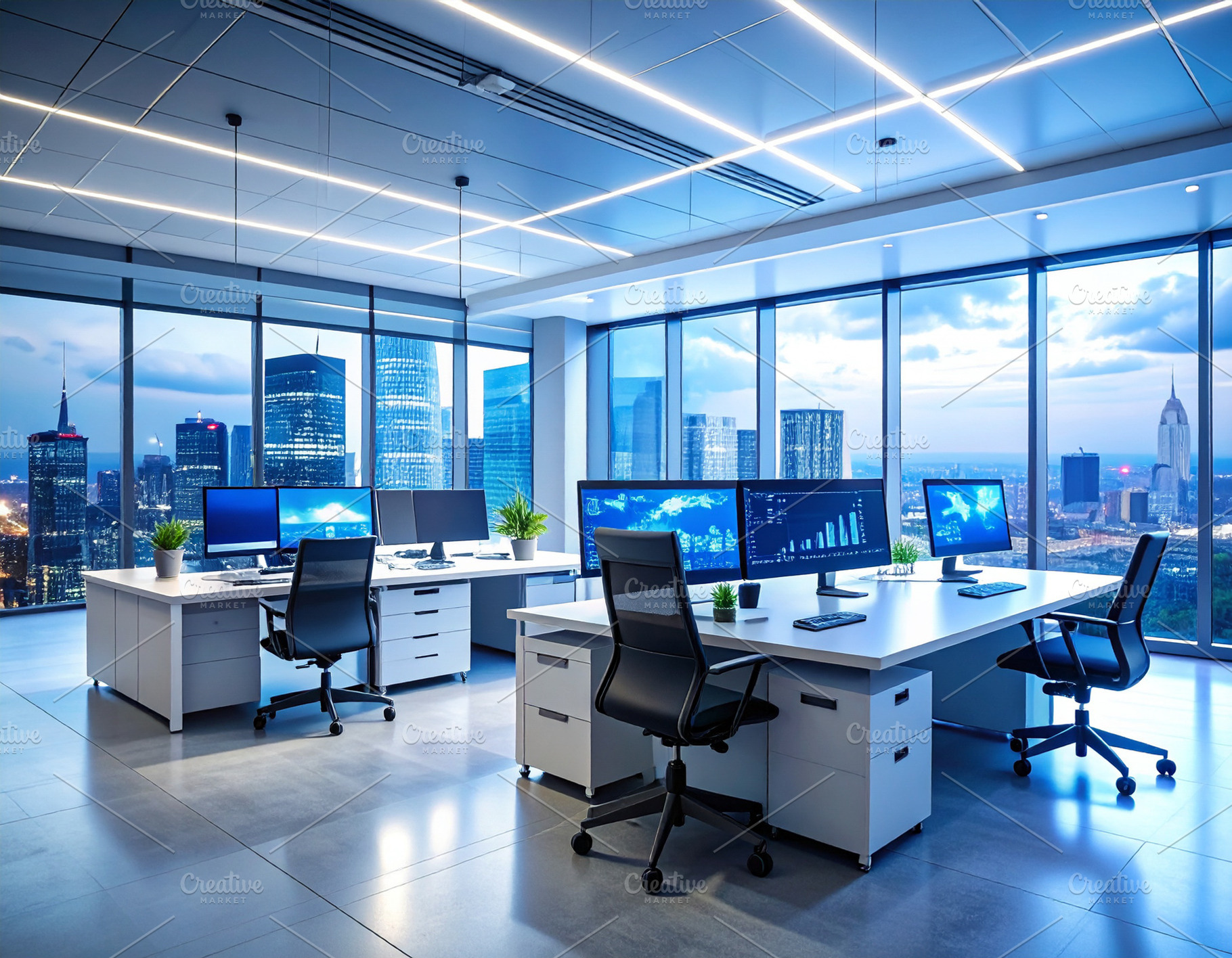 Empty modern office with multiple monitors on table desks, a Technology Photo by DanFLCreativo