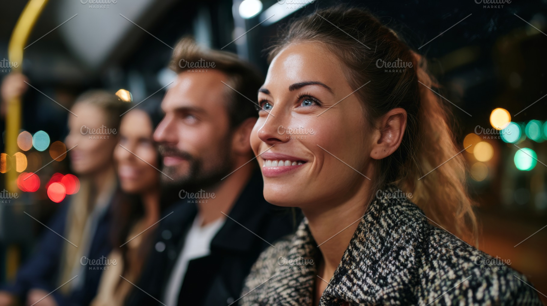 A joyful young woman with light skin smiles while sitting on a bus at night wit, a Business Photo by ImageMir