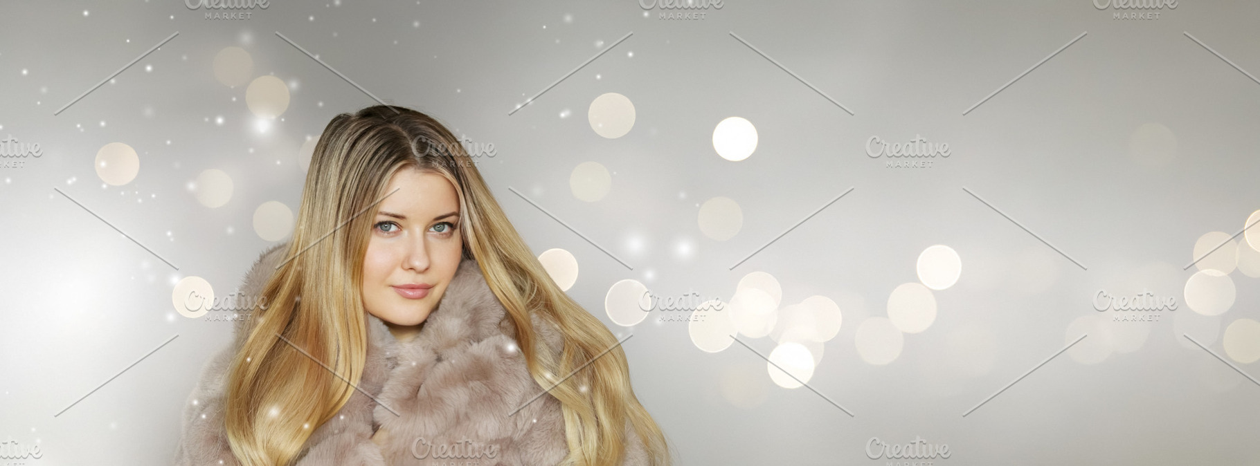 Elegant blonde woman wearing a fur coat, looking at camera in winter festive se, a Person Photo by Studio ANNA