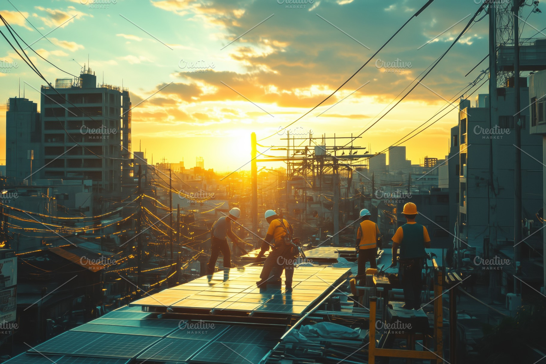 Workers installing solar panels on a rooftop during sunset, with a city skyline, a Technology Photo by Textures & Backgrounds