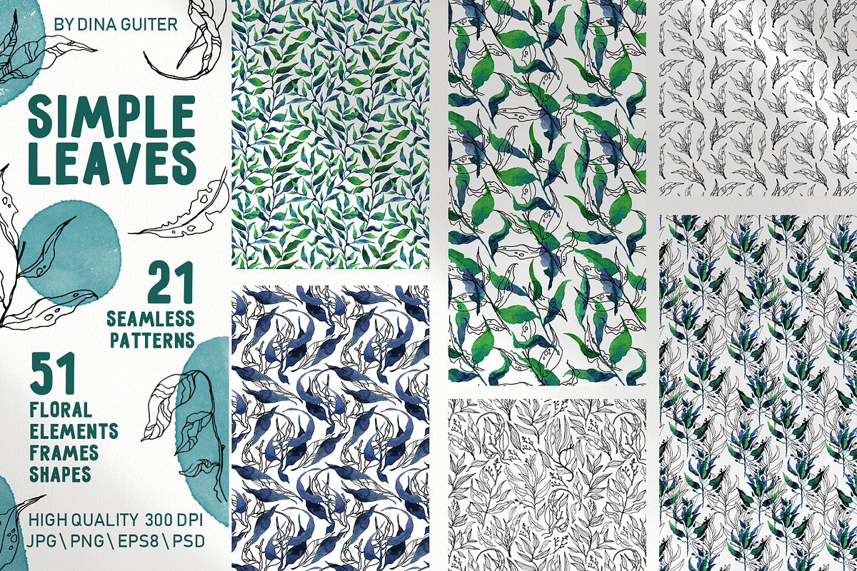 Lineart floral leaves patterns, a Texture Illustration by Dina Guiter (Photo 2 of 20)
