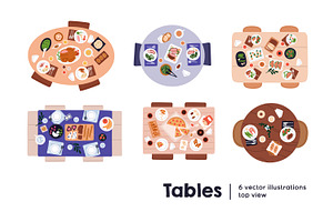 Food on dining tables, top view set, a Food Illustration by Good Studio