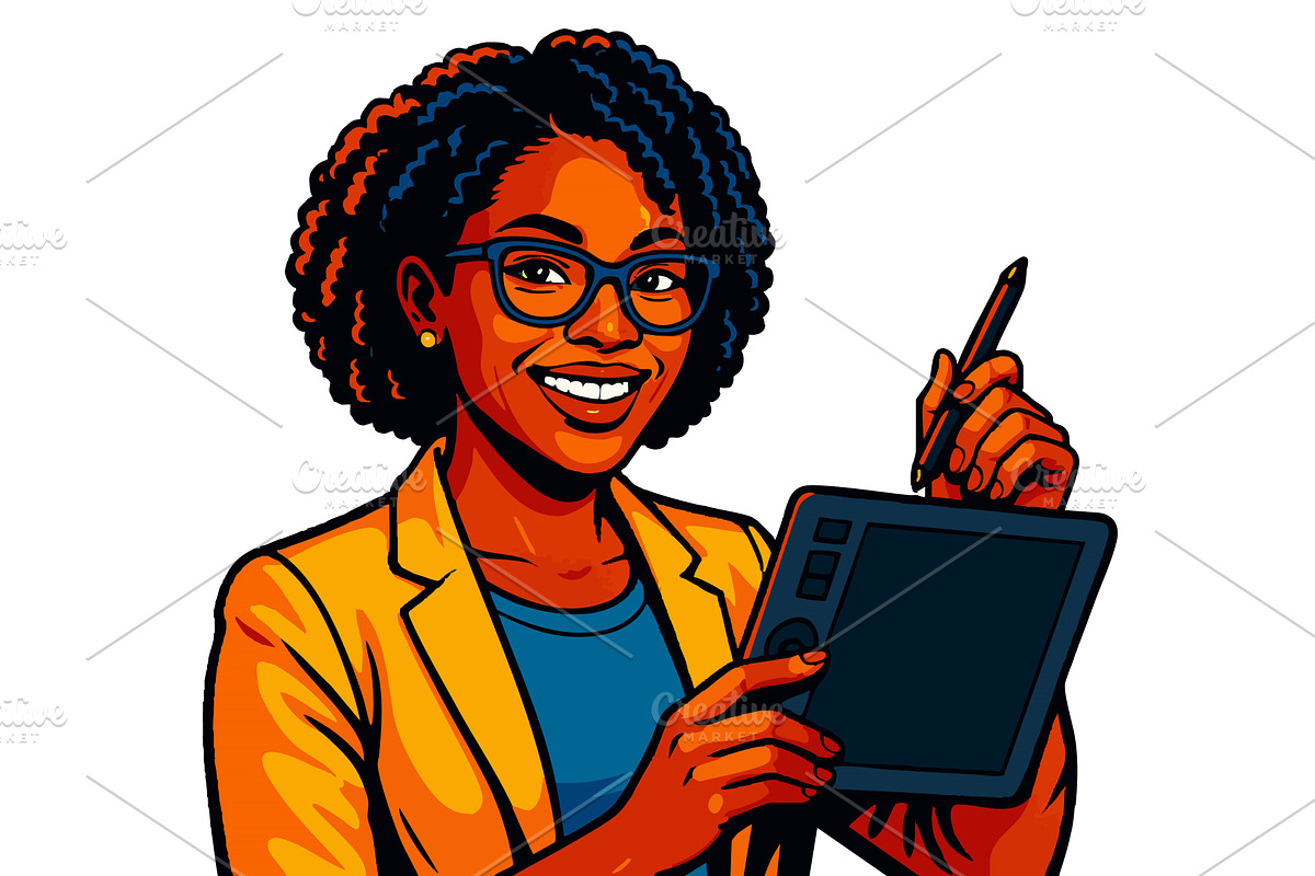 Smiling Female Digital Artist Using, a Person Illustration by AlexArt