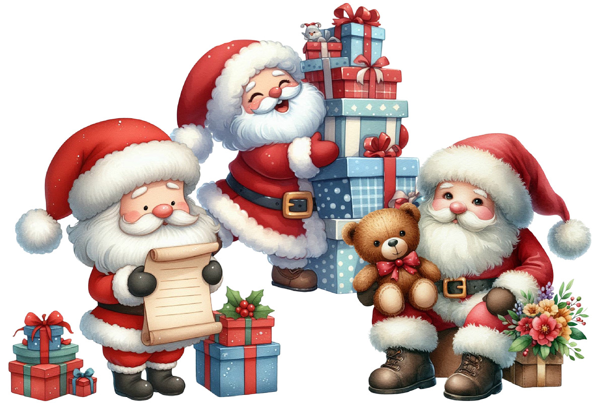 Watercolor Cute Santa Clipart Bundle, an Illustration by Designworld (Photo 5 of 6)