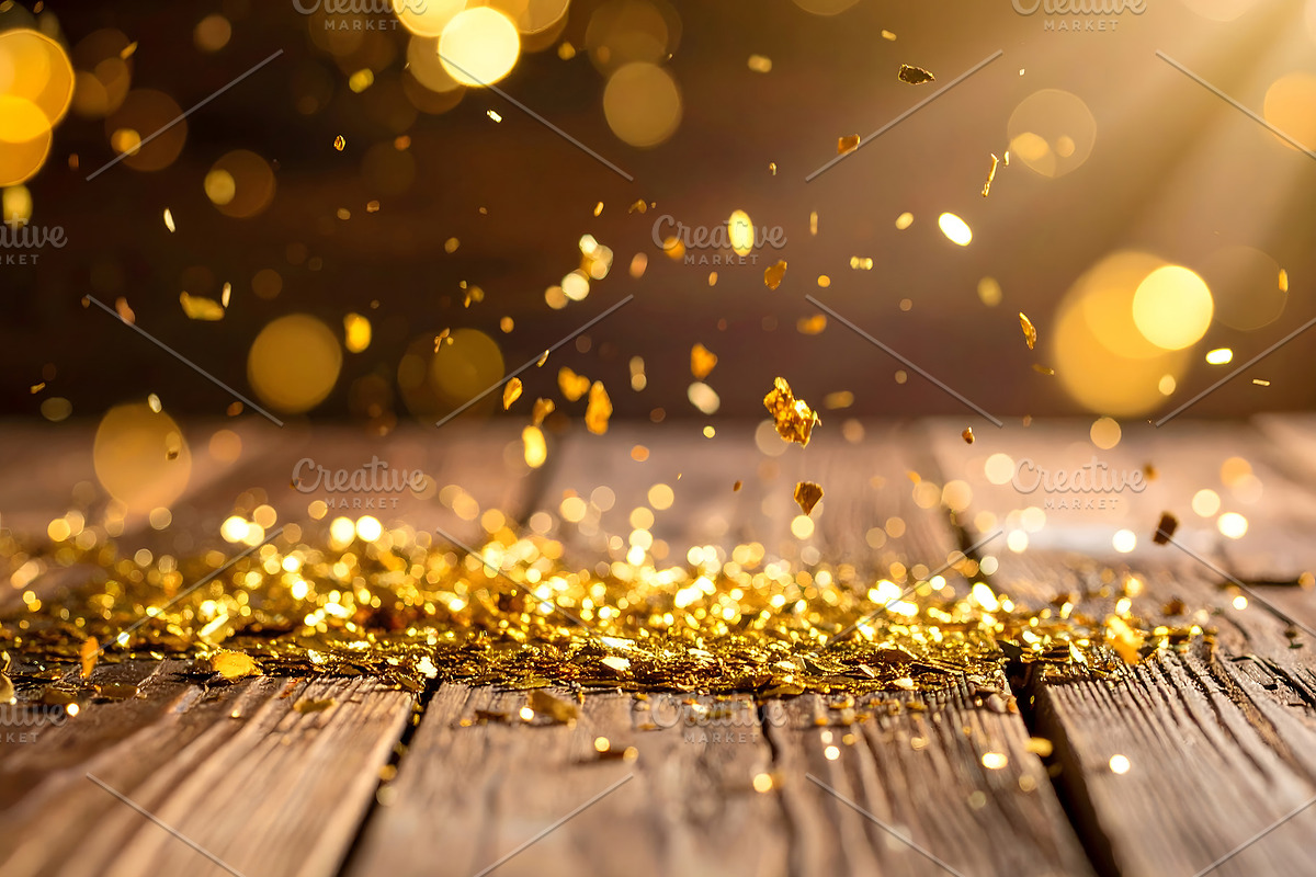 Golden sparkles falling gently on wooden table in sunlight, a Holiday Photo by GoodGoods (Photo 1 of 2)