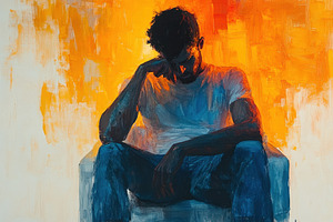 Contemplative young man seated on a, a Photo by Tanuart